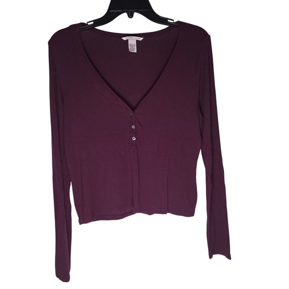 Victorias Secret Pajama Set Plum Purple Ribbed Henley Long Sleeve Shorts XL - Picture 3 of 7